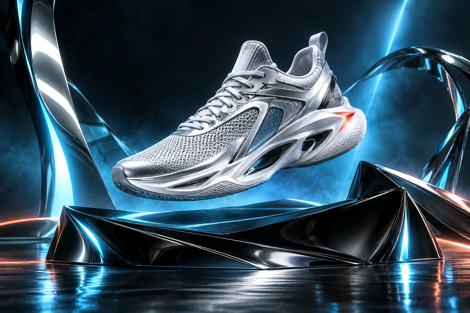 Silver sneaker levitating above a reflective stage with cinematic cyan lighting