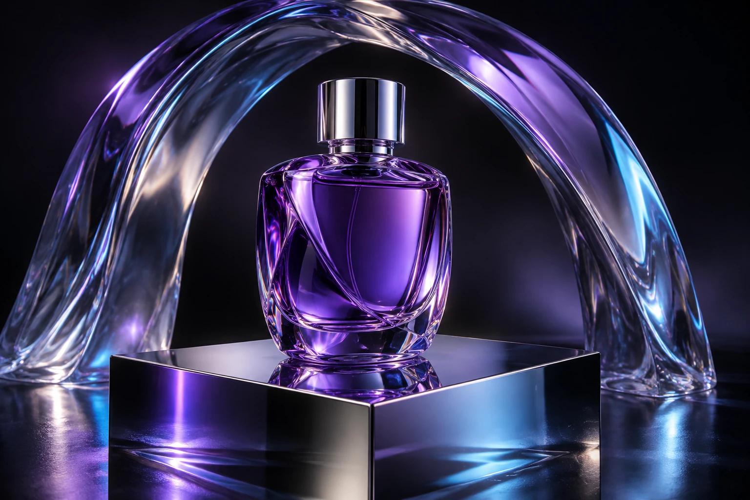 Violet glass fragrance bottle on a mirrored pedestal, framed by a sculptural glass arch
